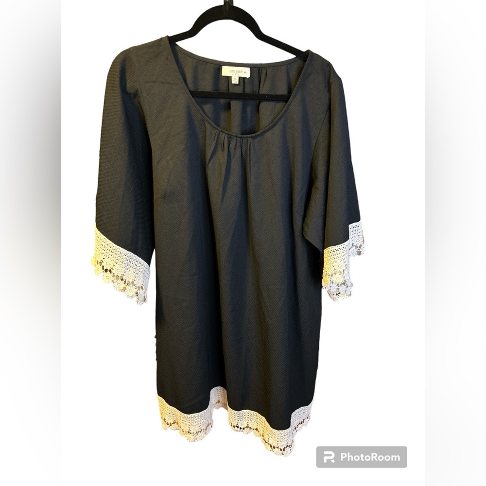 EUC Umgee + Black Dress with Cream Crochet Lace Trim, Boho